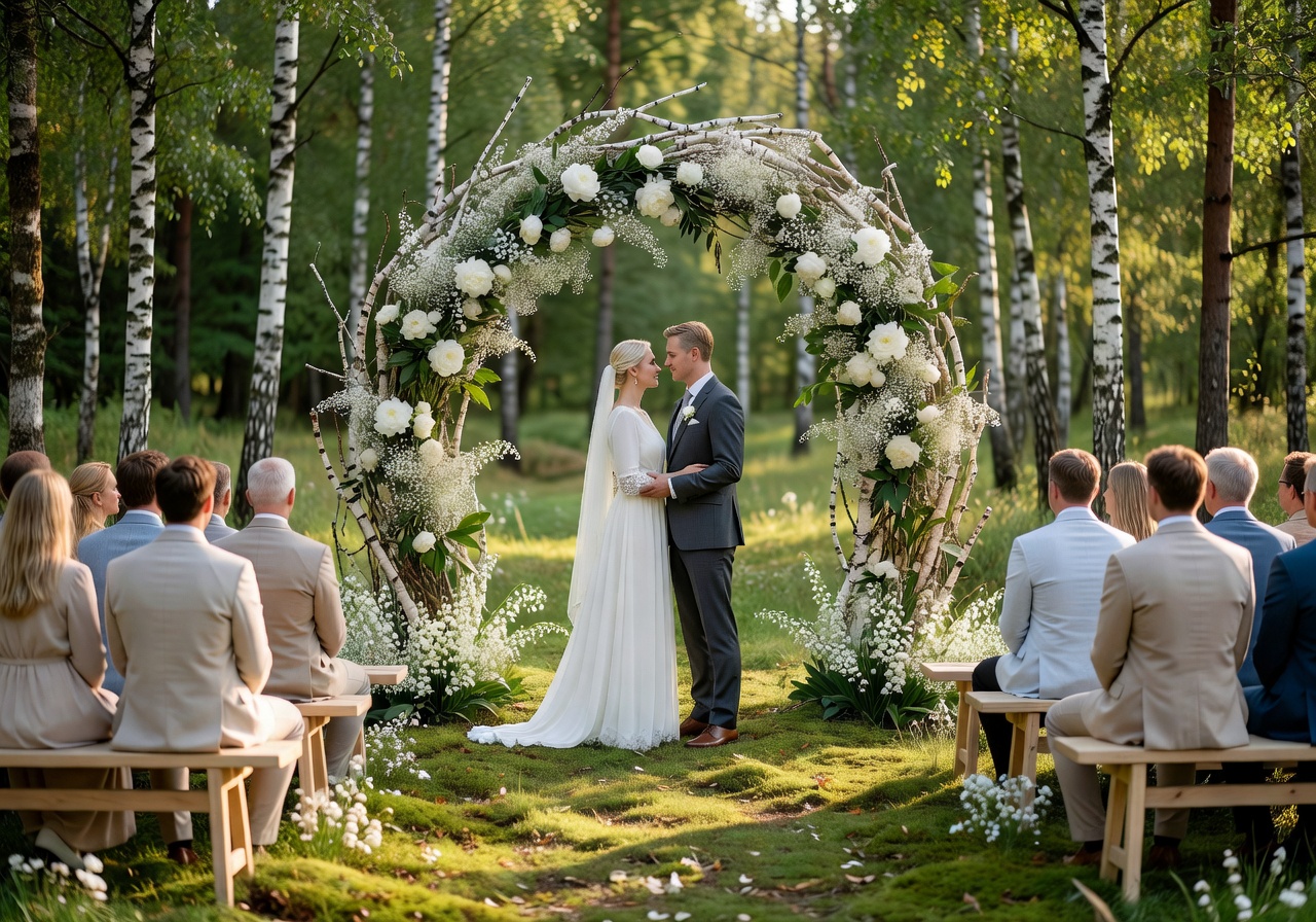 Beautiful Finnish wedding ceremony with white floral arch and elegant Scandinavian decor