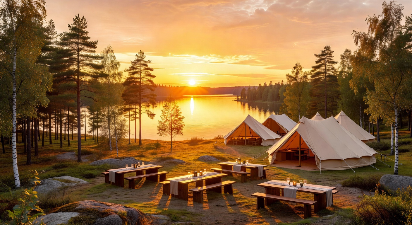 Beautiful Nordic sunset over a lakeside event venue with warm golden light reflecting on water