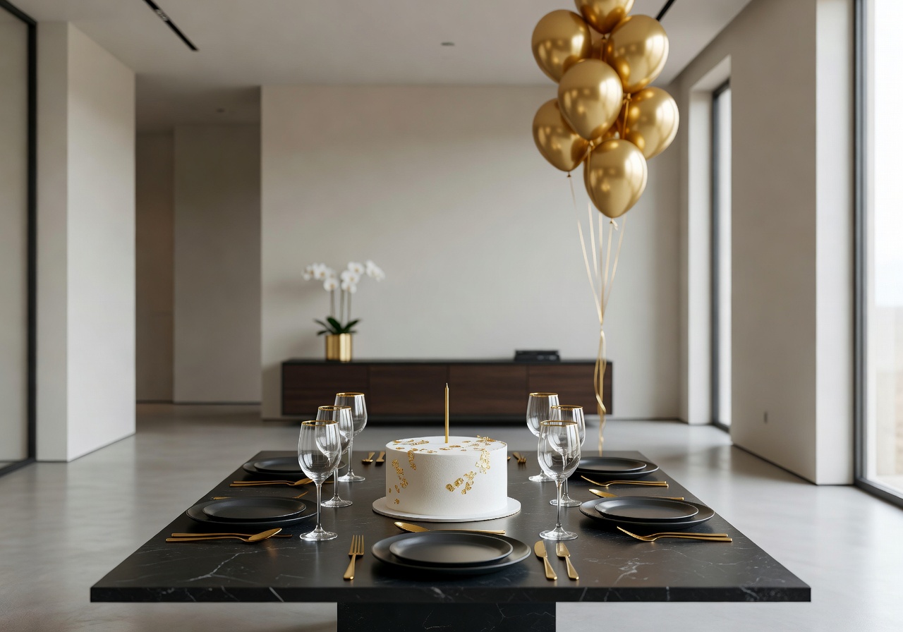 Elegant private birthday celebration with gold accents and modern minimalist party design