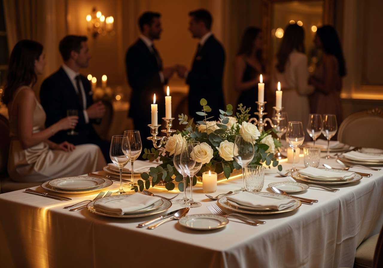 Intimate private dinner party with minimalist floral arrangements and warm ambient glow