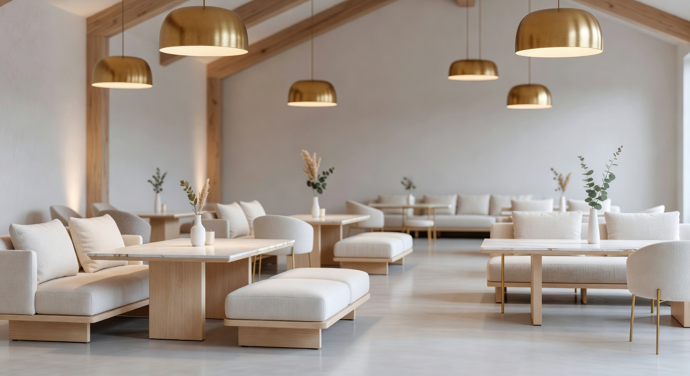 Elegant white and gold event venue with Scandinavian minimal decor and warm ambient lighting