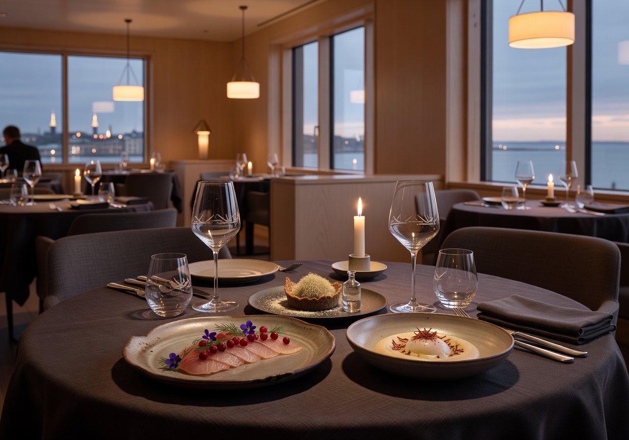 Fine dining experience with Nordic cuisine and elegant table presentation in Helsinki restaurant