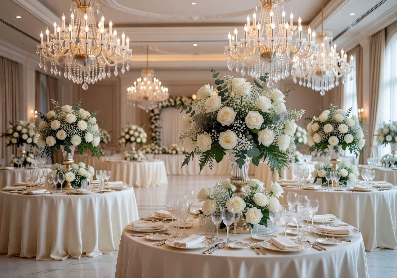 Luxury wedding reception with elegant white tablecloths and golden candlelight in Helsinki venue