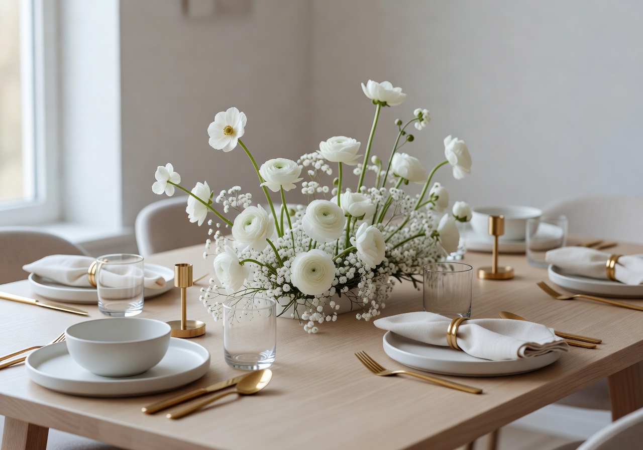 Minimalist Scandinavian event table setting with white flowers and gold accents in natural light