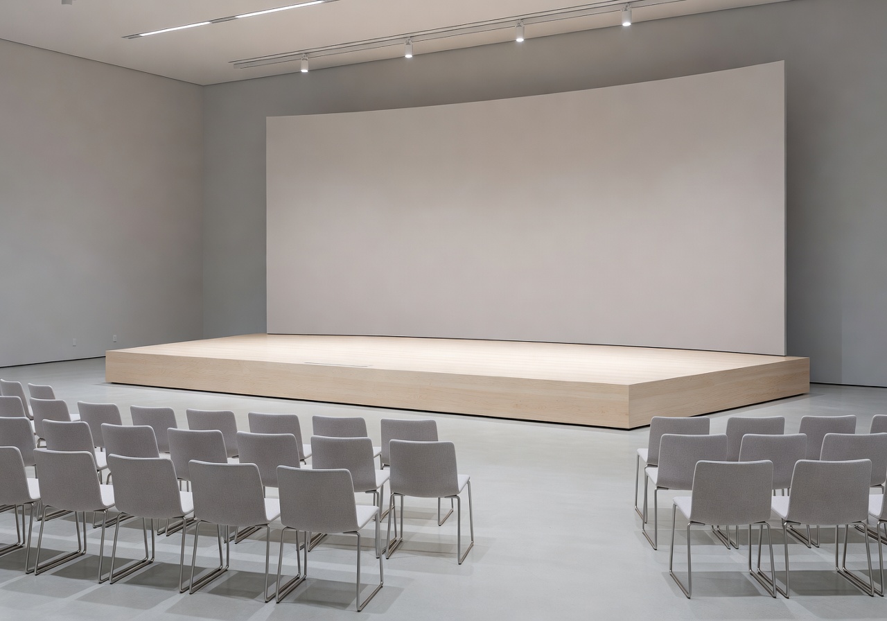 Modern corporate conference setup with clean Scandinavian design and professional lighting