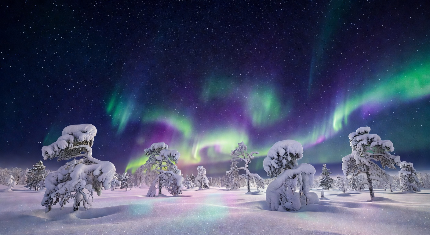 Northern lights over Finnish Lapland landscape with snow-covered trees and starry sky
