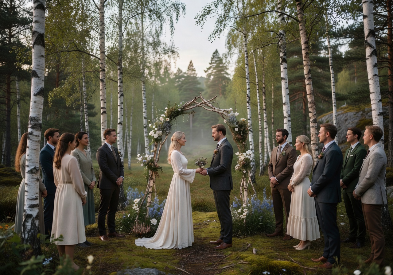 Outdoor Scandinavian wedding ceremony with birch trees and natural white decor