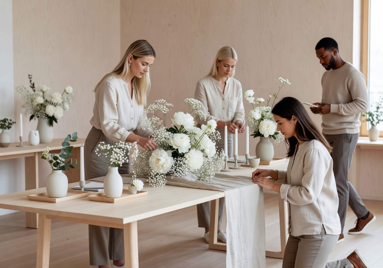 Plenariglw team designing elegant event setup with white flowers and minimal Scandinavian decor