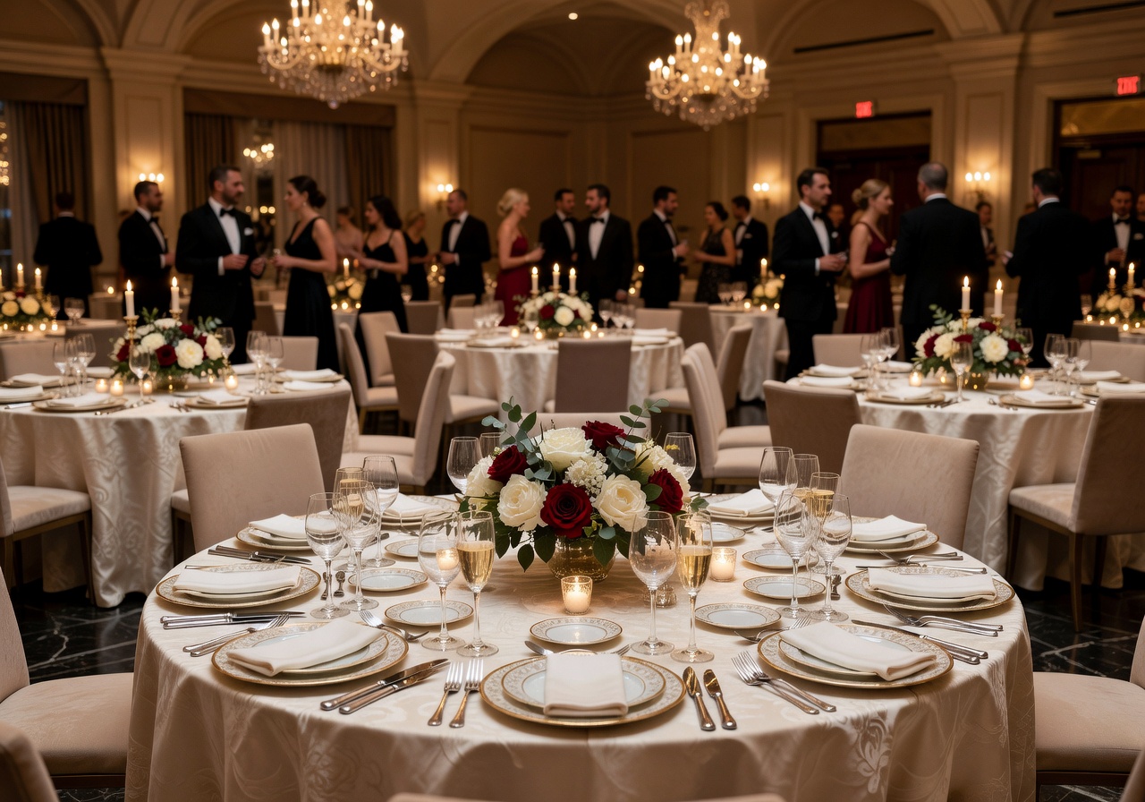 Premium corporate gala dinner with elegant table settings and ambient mood lighting