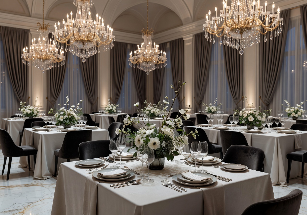 Premium gala event with crystal chandeliers and luxurious Scandinavian table settings