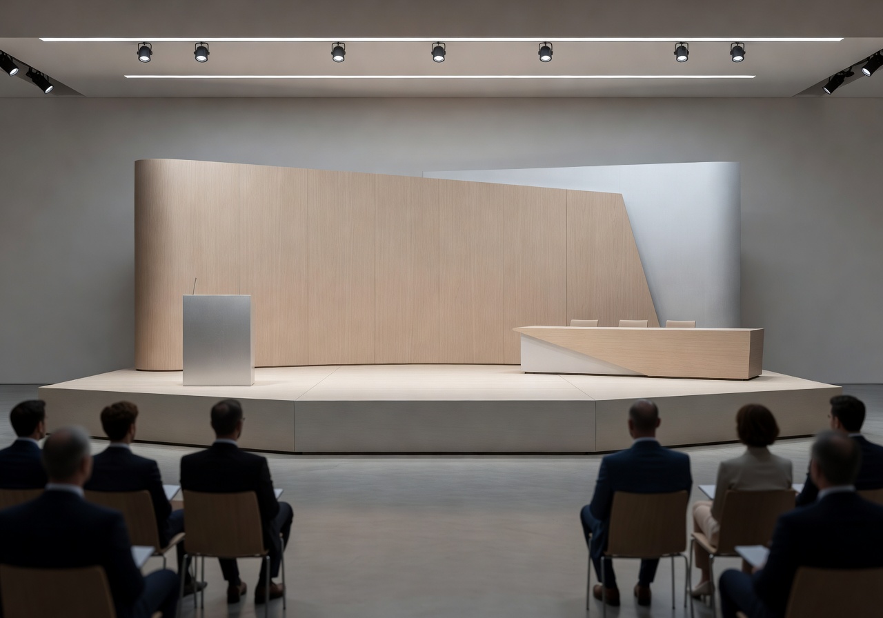 Professional corporate conference event with modern Scandinavian stage design and clean lighting