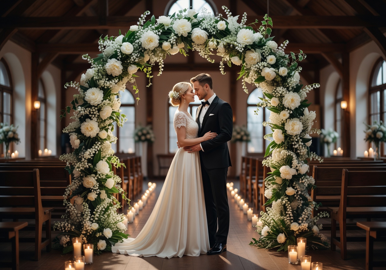 Romantic Finnish wedding with white floral arch and candlelit aisle in elegant venue