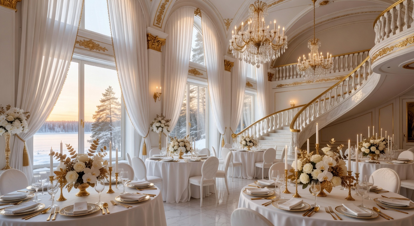Stunning panoramic view of an elegant Finnish event venue with white and gold decorations