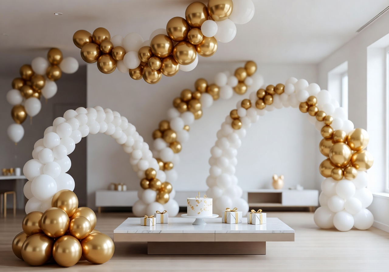 Elegant birthday celebration with gold and white balloon arch in modern Finnish space