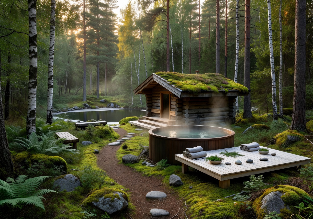 Wellness and spa retreat experience in serene Finnish forest setting with natural elements